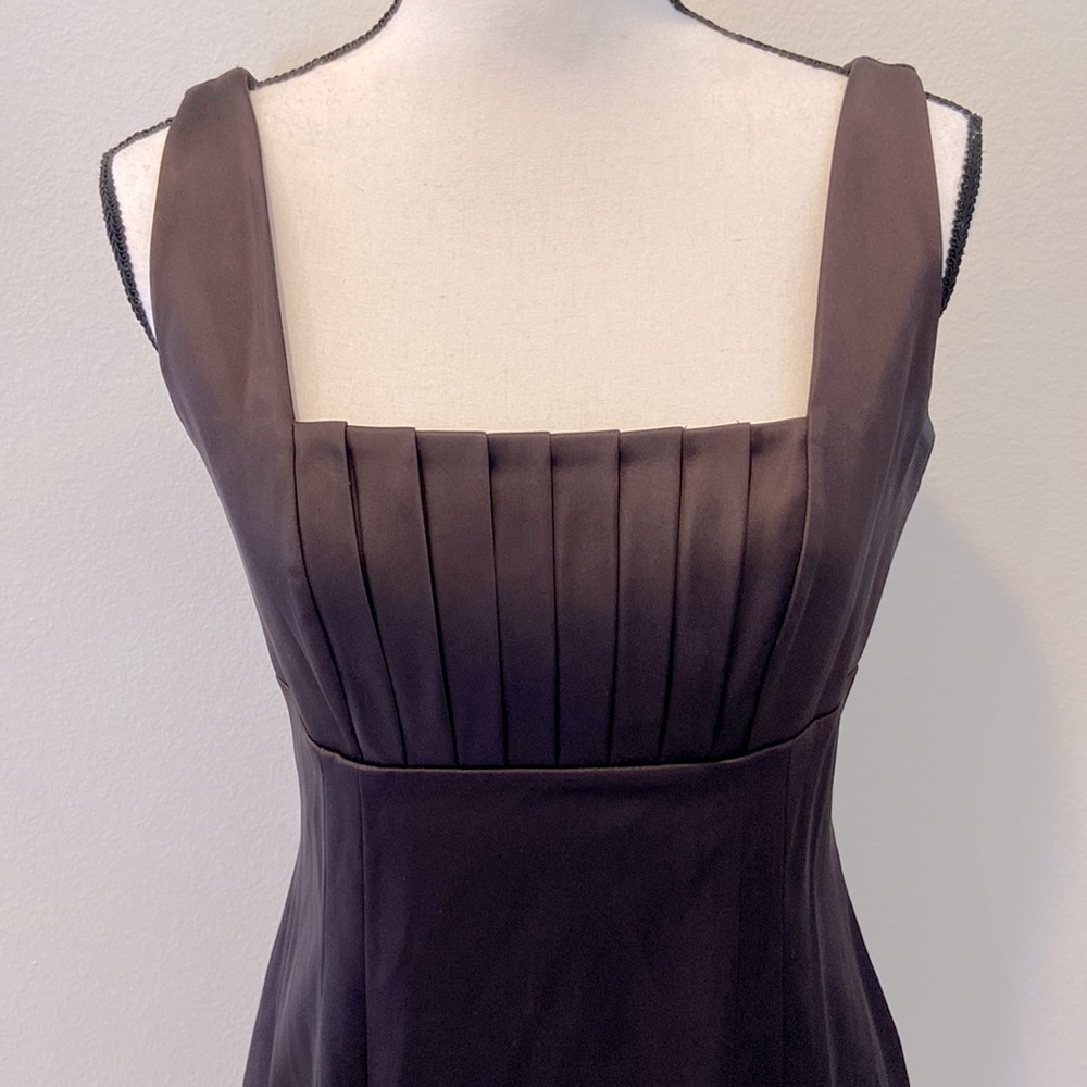 Calvin Klein brown satin dress with pleated square neck